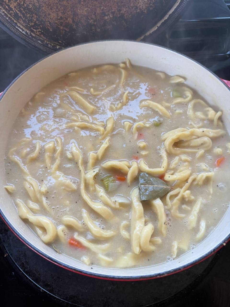 Chicken noodle soup in a pot